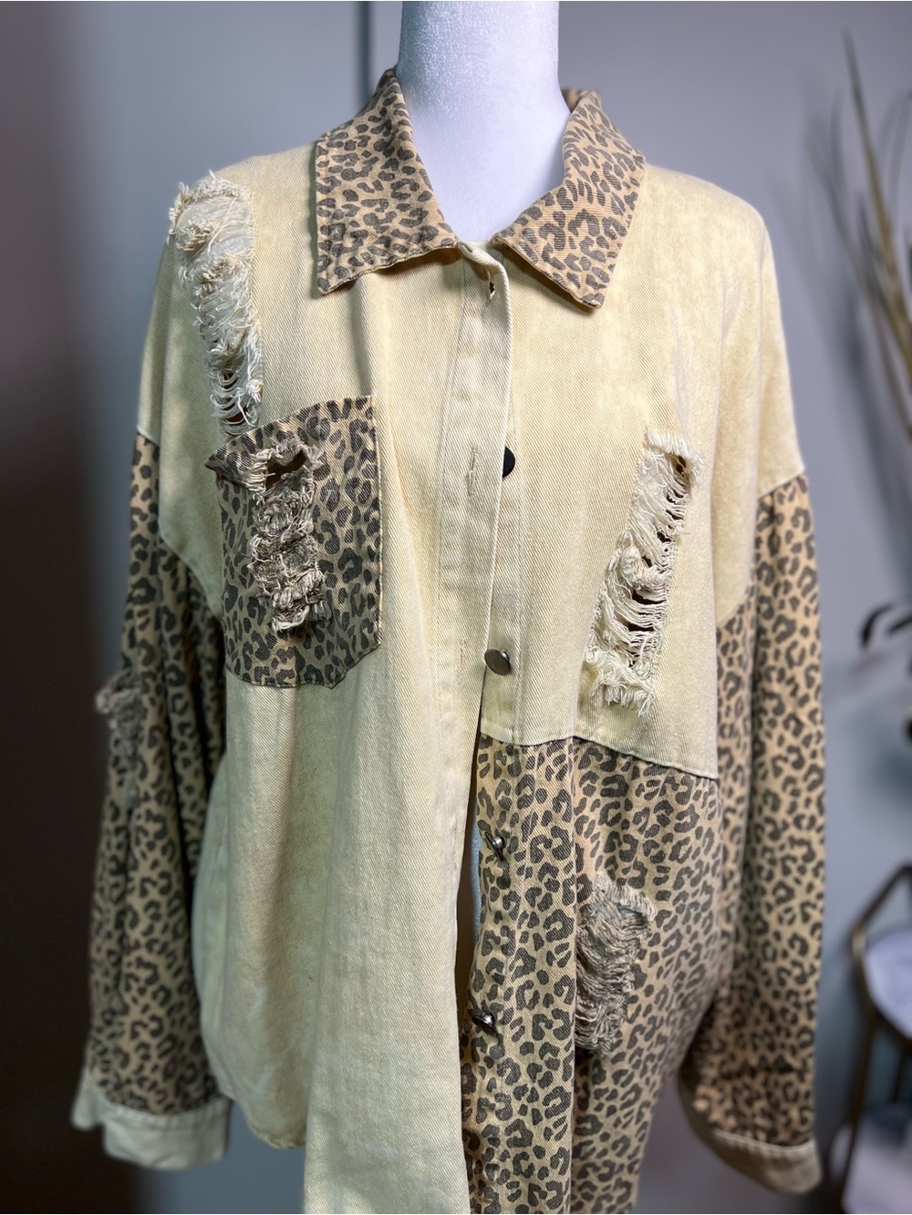 Leopard Patchwork Distressed Shacket - Beige